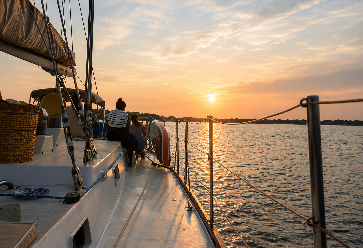 Sunset light across the deck of a sailing yacht